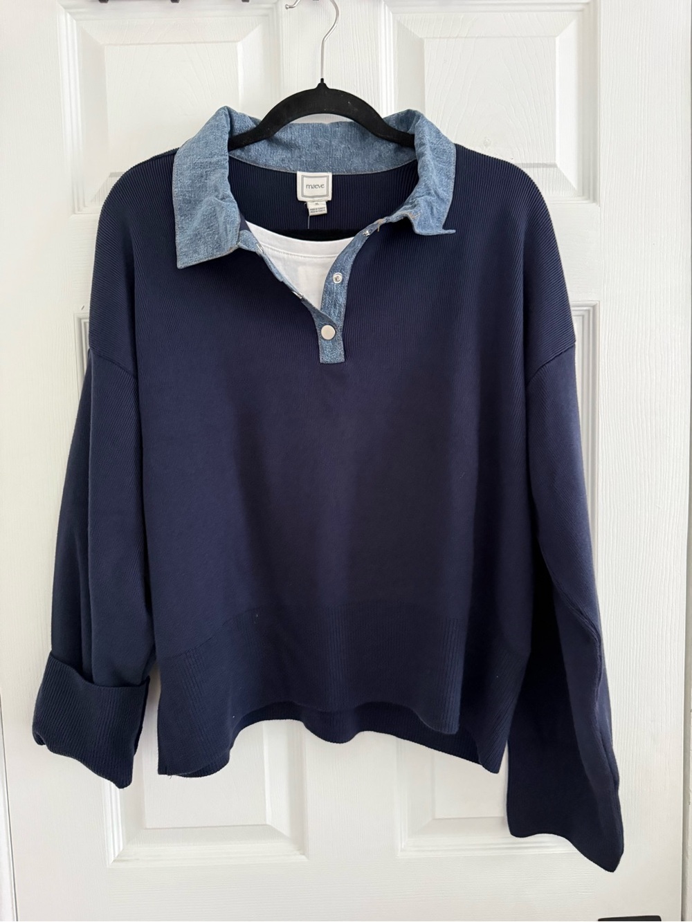 Maeve Navy Blue Pullover Sweater with Chambray Collar